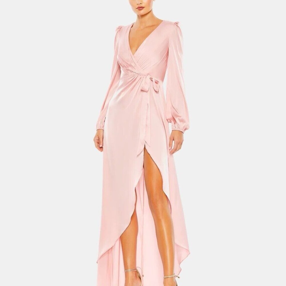Mac Duggal Blush Pink Satin High-Low Wrap Gown